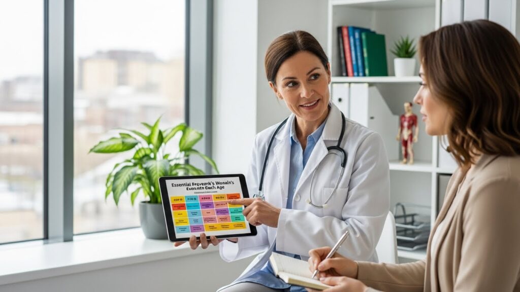 Exames Preventivos Femininos: Guia Completo por Idade Médica orientando paciente sobre exames preventivos femininos essenciais para cada idade