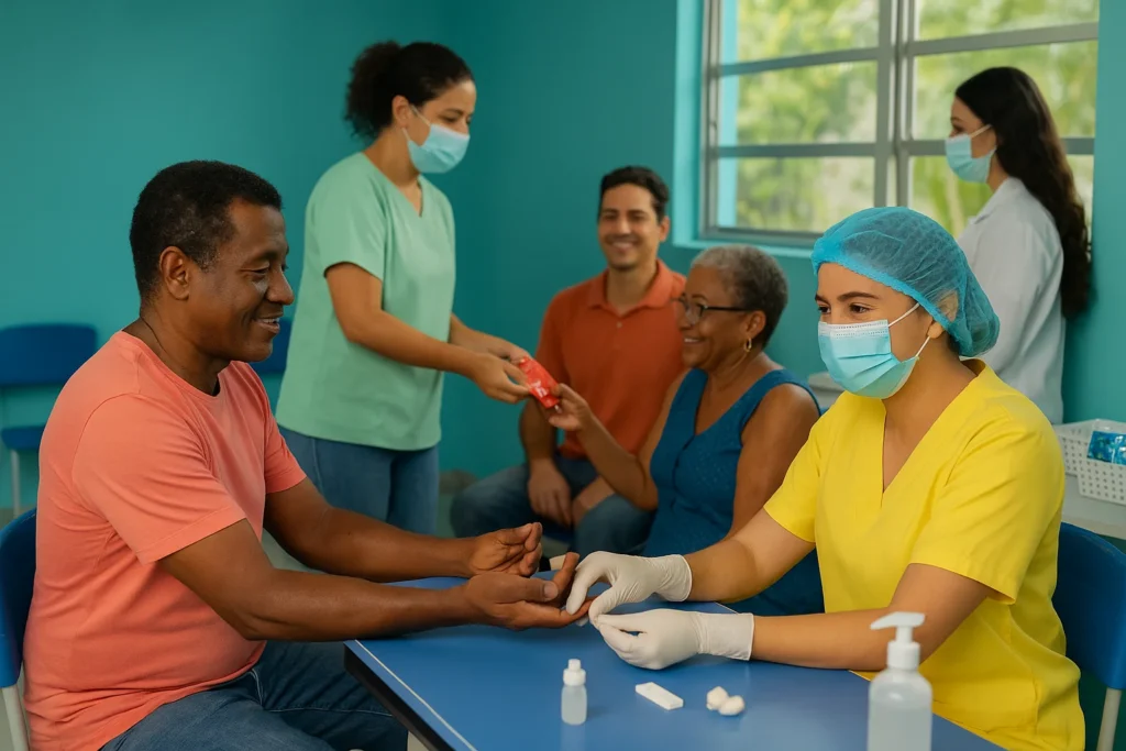 Dezembro Vermelho: como a campanha fortalece prevenção, tratamento e direitos contra o HIV/Aids e outras ISTs Imagem de unidade de saúde em dezembro-vermelho com profissionais e pacientes refletindo esperança