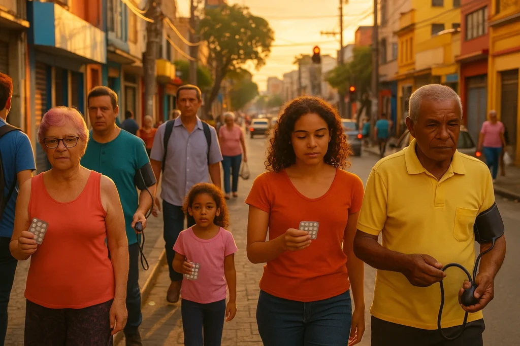 Losartana vicia? Por quanto tempo tomar o genérico mais vendido do Brasil e por que isso escancara um problema de saúde pública Cena de uma rua movimentada no Brasil ao amanhecer, com pessoas usando comprimidos e aparelhos de pressão, refletindo o tema losartana vicia quanto tempo