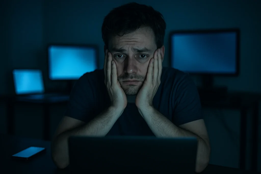 Ansiedade digital: como o excesso de telas está destruindo seu bem-estar mental — 9 medidas práticas para retomar o controle hoje Cena de pessoa ansiosa em sala escura cercada por dispositivos com luz azul, refletindo ansiedade digital como excesso