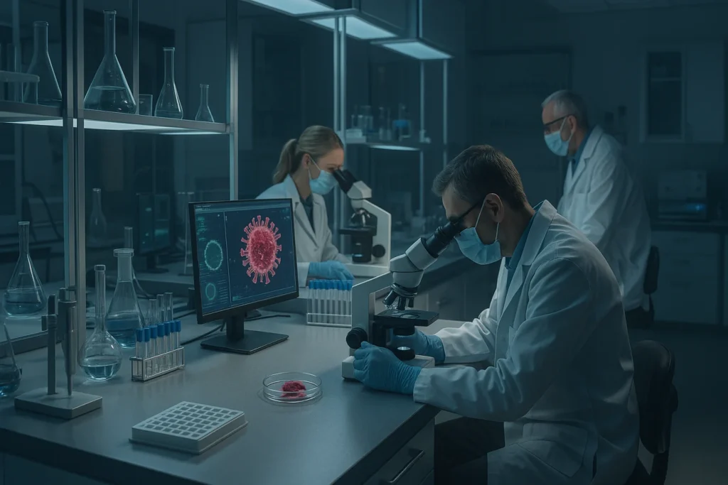 Nova estirpe H3N2 subtipo K se espalha precocemente pela Europa e acende alerta: o que isso pode significar para o inverno no Brasil Cientistas estudando nova estirpe H3N2 subtipo em laboratório com equipamentos científicos