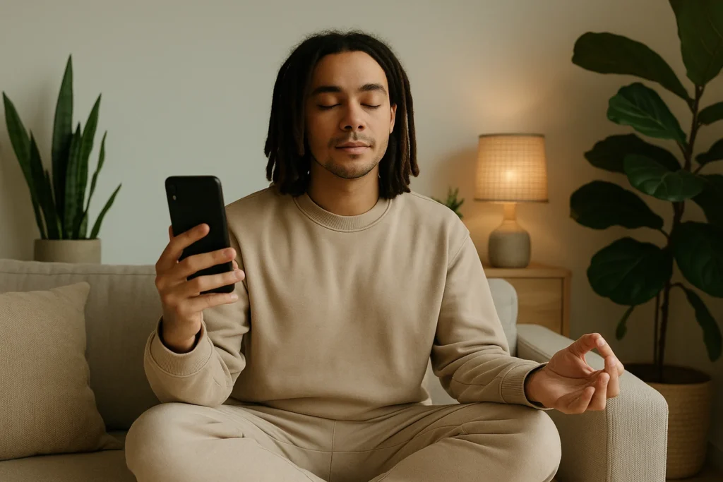 Como escolher e usar aplicativos de saúde mental e meditação: guia prático para reduzir ansiedade, melhorar sono e manter a segurança dos seus dados Pessoa meditando com smartphone em ambiente calmo e natural, exemplificando como escolher usar aplicativos de saúde mental