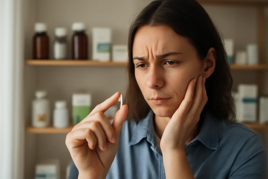Pare de Tomar Suplementos Sem Antes Ler Isto: 9 Riscos, Interações e Como Escolher com Segurança Pessoa segurando suplemento com expressão preocupada, fundo de farmácia, refletindo sobre o uso de suplementos antes de tomar.