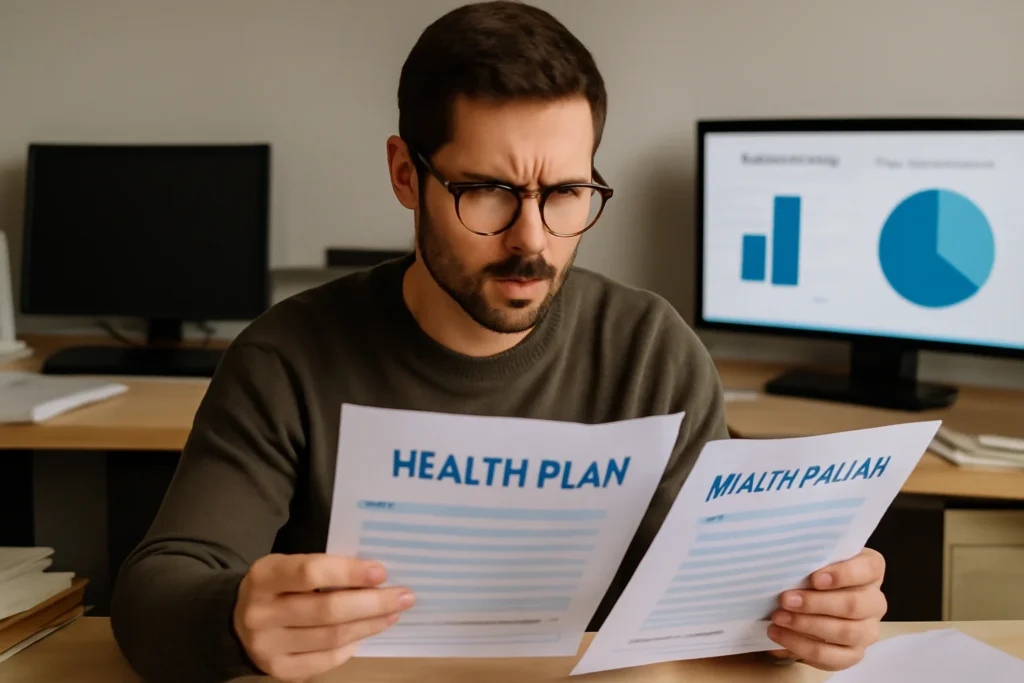 How to Choose the Right Health Insurance Plan in 2026: A Step-by-Step Guide to Compare Costs, Networks, and Benefits Pessoa analisando papéis de planos de saúde em escritório com gráficos de comparação, focada na escolha do plano perfeito