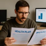 Pessoa analisando papéis de planos de saúde em escritório com gráficos de comparação, focada na escolha do plano perfeito