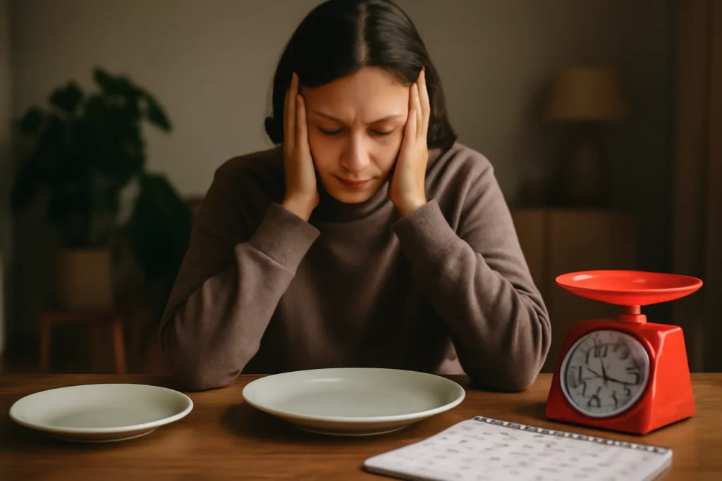 Como a Ansiedade Sabota Seu Emagrecimento: Sinais, Causas e 7 Estratégias Práticas para Retomar o Controle Pessoa refletindo sobre alimentação e ansiedade, com objetos relacionados à perda de peso ao redor