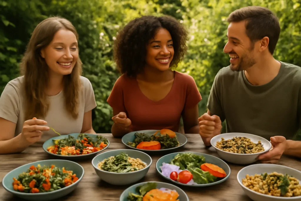 Dieta Vegetariana: Benefícios Comprovados e Como Fazer a Transição com Segurança Imagem de pessoas sorrindo ao ar livre em uma mesa com pratos coloridos de dieta vegetariana 10 benefícios