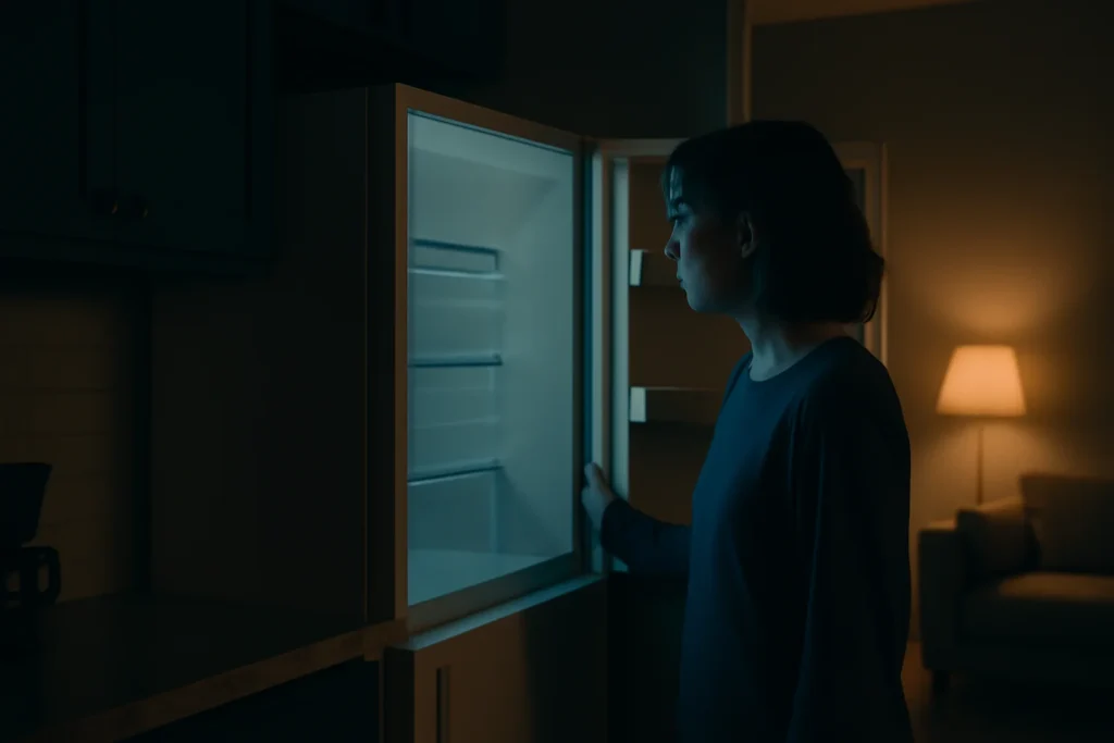 3 Passos Infalíveis para Não Atacar a Geladeira à Noite: Ciência e Prática para o Seu Sono Cena noturna de cozinha com pessoa olhando a geladeira vazia, ambiente quente e acolhedor com luz suave