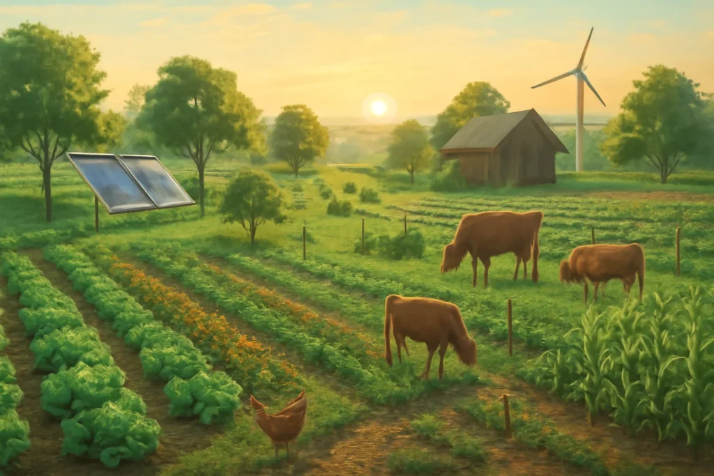 Veganismo Além do Prato: Impactos Éticos, Ambientais e a Mudança Global Visualização de uma fazenda regenerativa ao amanhecer, com plantações, animais livres e tecnologias sustentáveis, ilustrando como veganismo vai além.