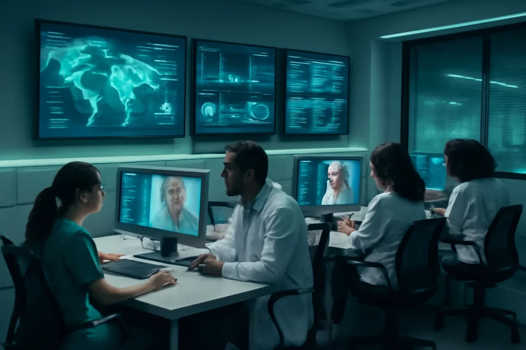 Brasil Saudável 2026: como o governo quer eliminar tuberculose, hanseníase e a transmissão vertical de hepatite B em um plano integrado Sala de telemedicina moderna com profissionais de saúde, pacientes remotos e telas de vigilância, representando Brasil saudável 2026 como inovação e saúde.