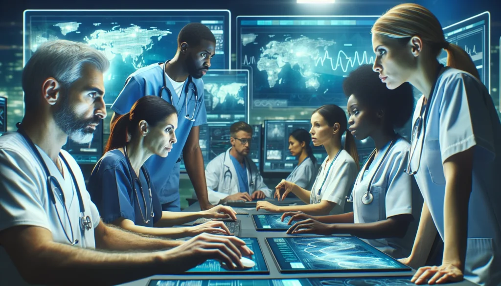 Alerta Máximo: Ministério da Saúde emite comunicado urgente para 8 estados e DF devido ao avanço da mpox Imagem de profissionais de saúde em sala de emergência com alertas e mapas destacados, simbolizando alerta máximo ministério saúde